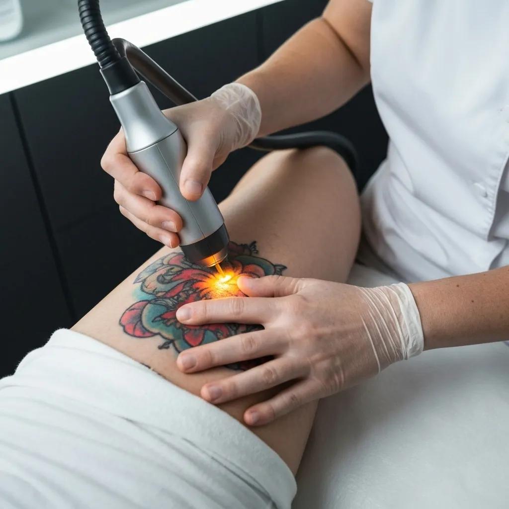 A clinician performing tattoo removal using advanced picosecond laser technology in a professional clinic setting