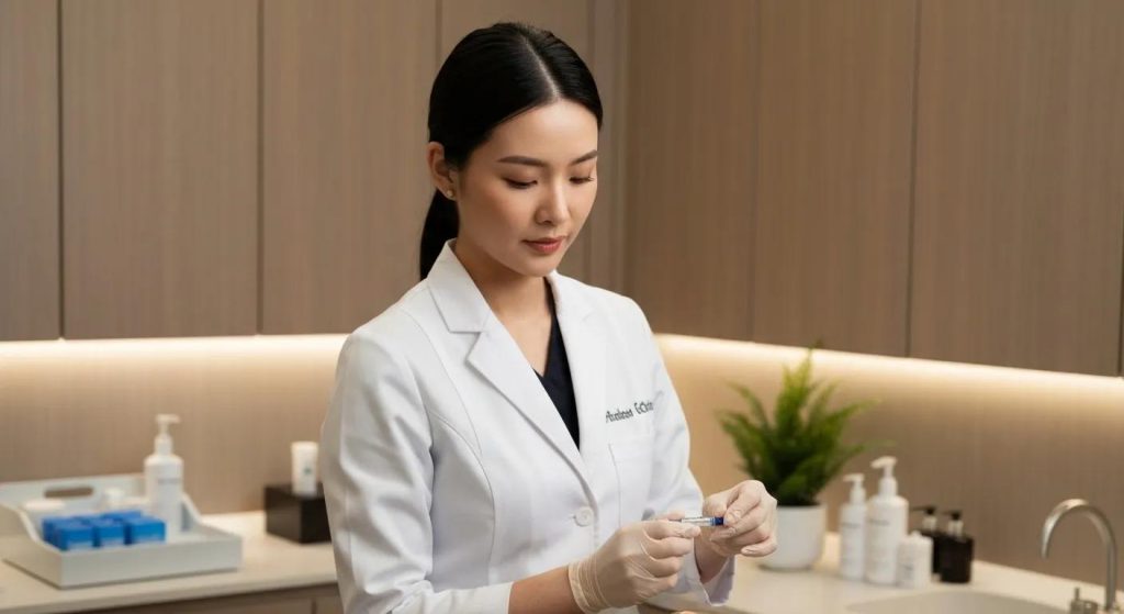Aesthetician administering Botox injection in a modern clinic, highlighting the professional and calming environment